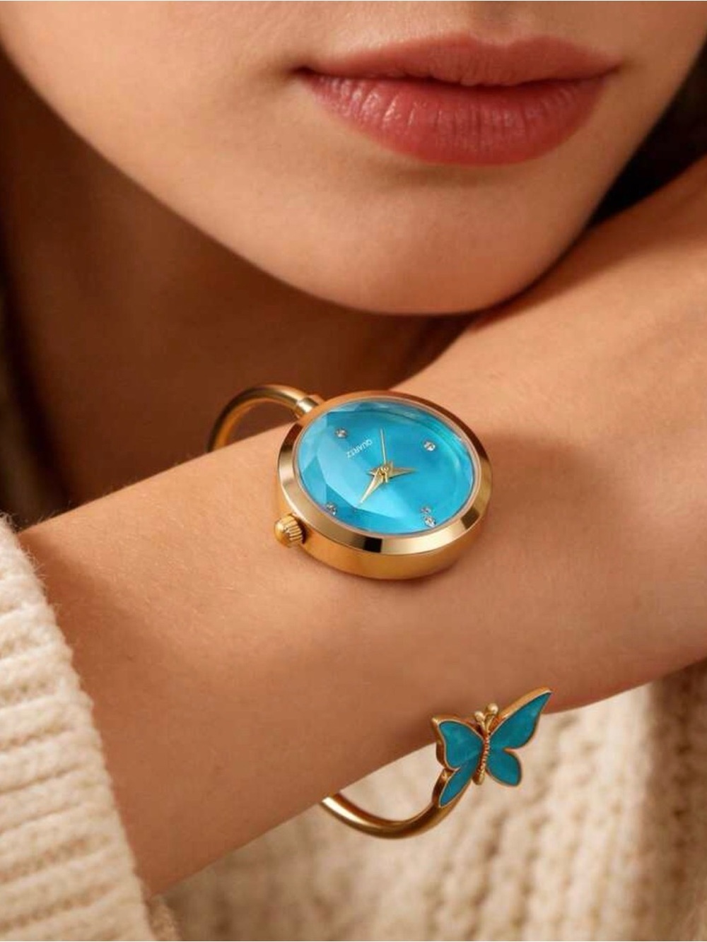 Bangle Watch with Turquoise Dial and Butterfly Detail - Picture 3 of 5